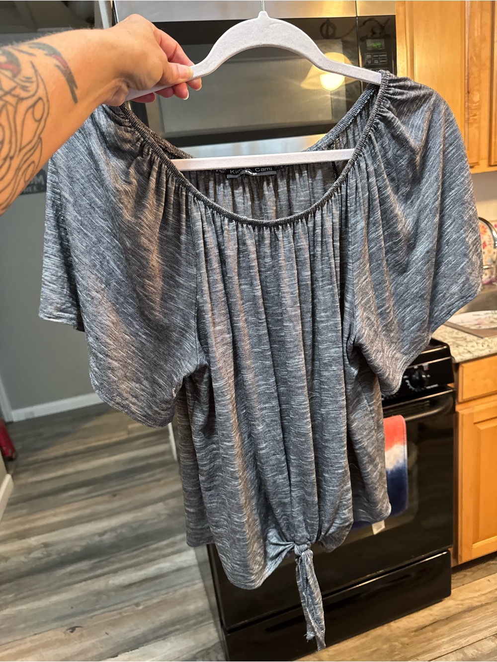 Kim & Cami Grey Off-Shoulder Tie-Front Top